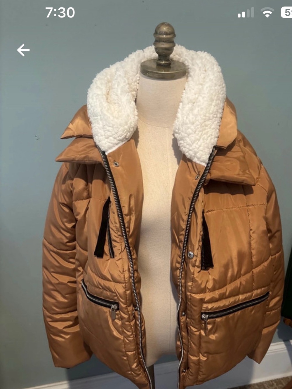 7 for all Mankind Tan Sherpa-Collar Puffer Jacket with Zip Pockets